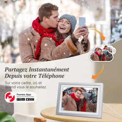 Frameo Cadre Photo Numérique Argent WiFi 10.1" Cadre Photo électronique, écran Tactile 1280 * 800 HD IPS, Mémoire 32GB, Montage 
