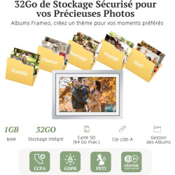 Frameo Cadre Photo Numérique Argent WiFi 10.1" Cadre Photo électronique, écran Tactile 1280 * 800 HD IPS, Mémoire 32GB, Montage 