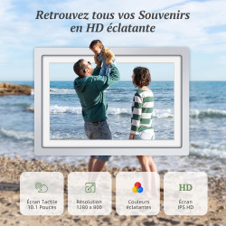 Frameo Cadre Photo Numérique Argent WiFi 10.1" Cadre Photo électronique, écran Tactile 1280 * 800 HD IPS, Mémoire 32GB, Montage 