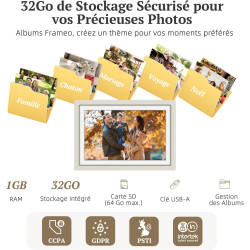Frameo Cadre Photo Numérique WiFi 10.1" Cadre Photo électronique, écran Tactile 1280 * 800 HD IPS, Mémoire 32GB, Montage Mural, 