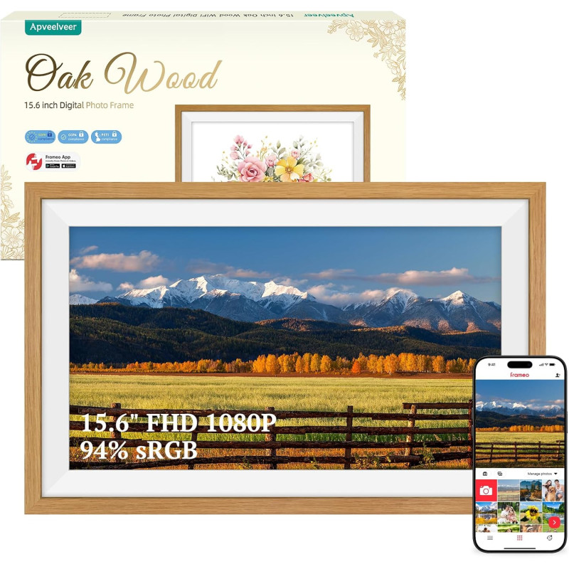 94% sRGB Frameo Cadre Photo Numérique 15.6 Pouces Grand Format WiFi, Mémoire 32Go écran Tactile IPS 1920 * 1080 FHD, Partage de 