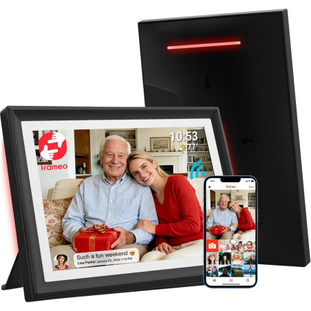 Frameo Cadre photo numérique 10,1 pouces WiFi avec lumière d'ambiance LED – 32 Go de mémoire, écran tactile HD 1280 x 800, rotat
