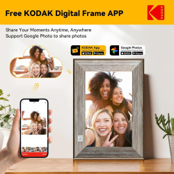KODAK Cadre Photo Numérique WiFi Cadre Photo Numerique 10 Pouces, Cadre Numérique Photo avec HD IPS à Écran Tactile, Bois Smart 