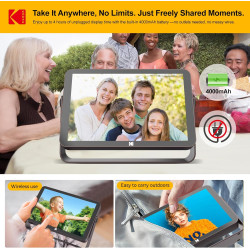 KODAK Cadre Photo Numérique, Cadre Numérique Photo WiFi 10 Pouces, Batterie Intégrée de 4000mAh, Mémoire de 64 Go, Écran Tactile