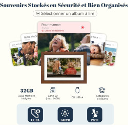 Frameo Cadre Photo Numérique WiFi 10.1 Pouces Noyer Bois Mémoire 32 Go, Écran Tactile HD IPS 1280 x 800, Auto-Rotation, Partage 