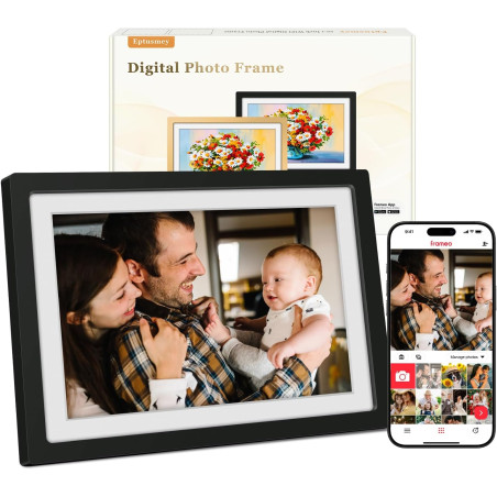Frameo Cadre Photo Numérique WiFi 10.1 Pouces Noir Mat Mémoire 32 Go, Écran Tactile HD IPS 1280 x 800, Auto-Rotation, Partage de