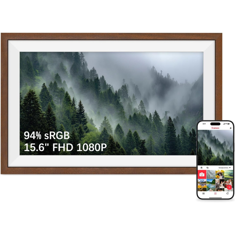Frameo Cadre Photo Numérique 15.6 Pouces 94% sRGB Grand Format WiFi Noyer Bois, Mémoire 32Go écran Tactile IPS 1920 * 1080 FHD, 