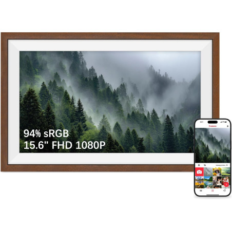 Frameo Cadre Photo Numérique 15.6 Pouces 94% sRGB Grand Format WiFi Noyer Bois, Mémoire 32Go écran Tactile IPS 1920 * 1080 FHD, 