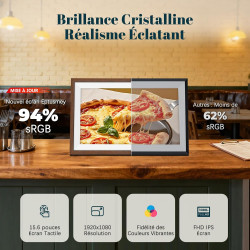 Frameo Cadre Photo Numérique 15.6 Pouces 94% sRGB Grand Format WiFi Noyer Bois, Mémoire 32Go écran Tactile IPS 1920 * 1080 FHD, 
