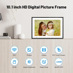 FUNCARE Cadre Photo Numérique WiFi 10,1 Pouces, Mémoire 32 Go, Écran Tactile HD 1280x800 IPS, Partage de Photos Vidéos Via APP, 