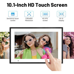 FUNCARE Cadre Photo Numérique WiFi 10,1 Pouces, Mémoire 32 Go, Écran Tactile HD 1280x800 IPS, Partage de Photos Vidéos Via APP, 