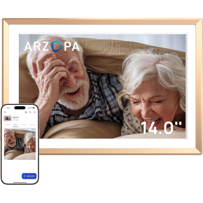 ARZOPA 14 Pouces Cadre Photo Numérique en Métal Stockage Cloud Gratuit 1920*1200 FHD Écran Tactile Partager Photos Vidéos Illimi