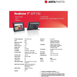 AgfaPhoto Cadre Photo Numérique Realiview APF700 - Écran LED 7" 1024x600, Affichage Photos, Horloge, Calendrier Programmable - N