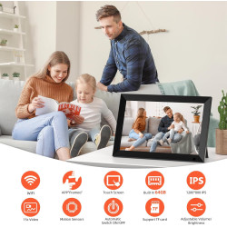 Cadre Photo Numérique WiFi de 10,1 Pouces, Mémoire Intégrée de 64 Go, Écran Tactile IPS LCD de 1280x800, Rotation Automatique et