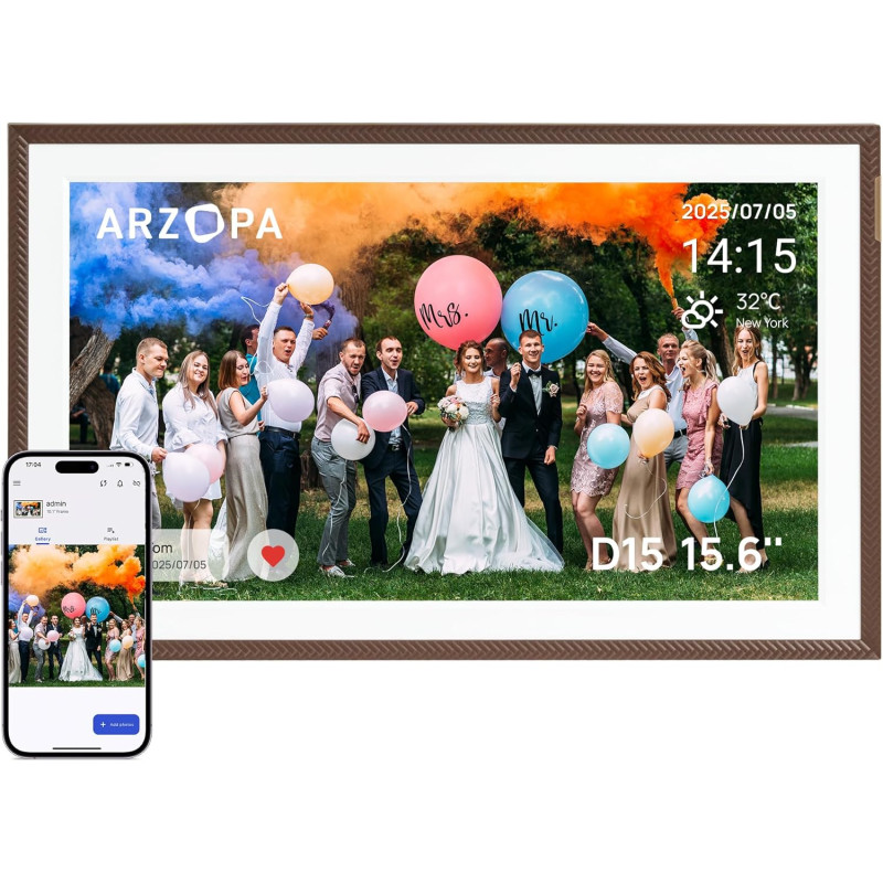 ARZOPA Cadres Photo Numérique 15,6 Pouces Stockage Cloud Gratuit et Illimité FHD Écran Tactile Partage à Distance Photos Vidéos 