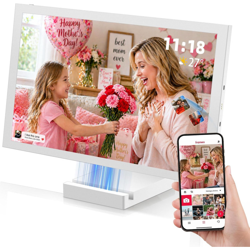 64G Cadre Photo Numérique WiFi 10,1", Rechargeable et sans Fil avec Batterie 5000mAh, Base de Charge sans Fil, Écran Tactile HD 