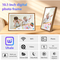 Cadre Photo Numérique 32 Go 10,1 Pouces WiFi Écran Tactile Cadre Photo Numérique HD 1280x800 IPS, Rotation Automatique, Partagez
