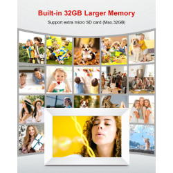 Cadre photo numérique WiFi 10,1" - 1280 x 800 - Écran tactile HD IPS - Mémoire 32 Go - Rotation automatique - Montage mural - Bl