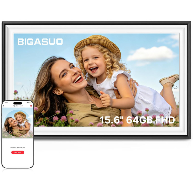 Cadre photo numérique Frameo 64 Go 15,6" WiFi noir et blanc – 1920 x 1080p FHD IPS écran tactile grand cadre photo électronique,