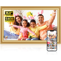Frameo Cadre photo numérique WiFi 64 Go Doré 15,6 pouces – 1920 x 1080p FHD IPS Écran tactile Cadre photo électronique Mémoire 6