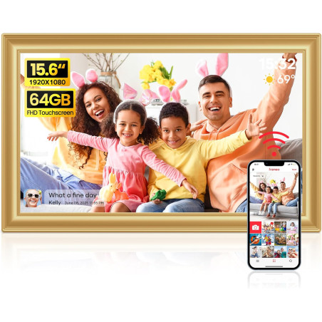 Frameo Cadre photo numérique WiFi 64 Go Doré 15,6 pouces – 1920 x 1080p FHD IPS Écran tactile Cadre photo électronique Mémoire 6
