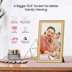 Frameo Cadre photo numérique WiFi 64 Go Doré 15,6 pouces – 1920 x 1080p FHD IPS Écran tactile Cadre photo électronique Mémoire 6