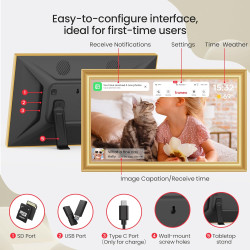 Frameo Cadre photo numérique WiFi 64 Go Doré 15,6 pouces – 1920 x 1080p FHD IPS Écran tactile Cadre photo électronique Mémoire 6