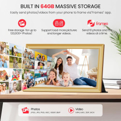 Frameo Cadre photo numérique WiFi 64 Go Doré 15,6 pouces – 1920 x 1080p FHD IPS Écran tactile Cadre photo électronique Mémoire 6