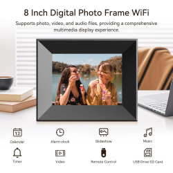Cadre numérique 8 Pouces, BWJBSW WiFi Smart Cloud Cadres électroniques en Bois, HD IPS Écran Tactile de 1280 x 800, 16 Go de mém