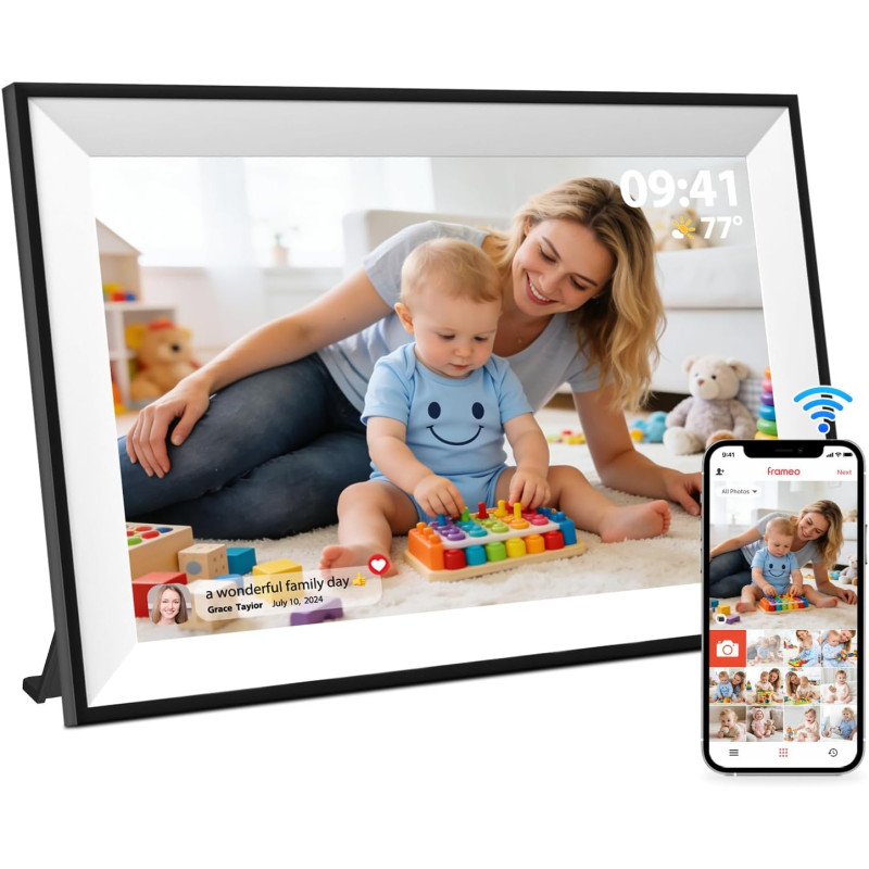 Frameo Cadre Photo Numérique WiFi 10,1 Pouces, 1280x800 HD Écran Tactile IPS, 32GB, Rotation Automatique, Installation Murale Po