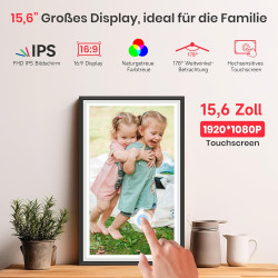 Frameo Cadre Photo Numérique 15.6 Pouces, Écran Tactile IPS 1920 x 1080, Mémoire 32 Go, Rotation Automatique, Cadre Photo Numéri