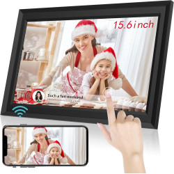 Cadre Photo numérique Wi-FI de 15,6 ", écran Tactile IPS, 1366 x 768, Noyer 32G, partagez des Photos ou des vidéos Via l'applica