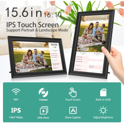Cadre Photo numérique Wi-FI de 15,6 ", écran Tactile IPS, 1366 x 768, Noyer 32G, partagez des Photos ou des vidéos Via l'applica