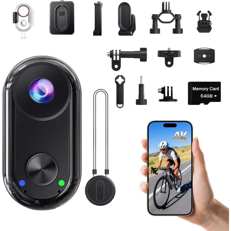 4K Mini Caméra Sport, 20MP Portable Body Camera, 6 Axes Stabilisation POV caméra d'action,40M Caméra étanche,WiFi camera portabl