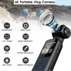 YDI Caméra de Corps 4K avec Microphone Externe, Caméras Corporelles Pocket Vlog avec Lentille Pivotée à 270°, Body Cam pour Spor