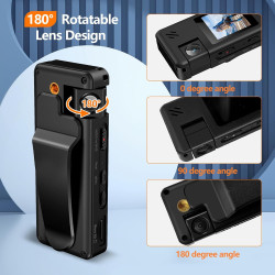 A32 64GB Caméra de Corps, Caméra Corporelle Portable avec Objectif Rotatif 180° et Détection de Mouvement, Caméscope 1080P avec 