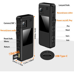 A32 64GB Caméra de Corps, Caméra Corporelle Portable avec Objectif Rotatif 180° et Détection de Mouvement, Caméscope 1080P avec 
