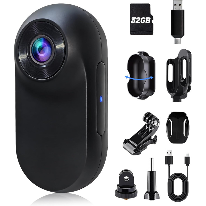 1080P HD Mini Camera Sport, Dashcam Moto avec Carte Mémoire 32GB Intégrée, Camera Pieton Taille de Pouce Travail, Voyage, Cyclis
