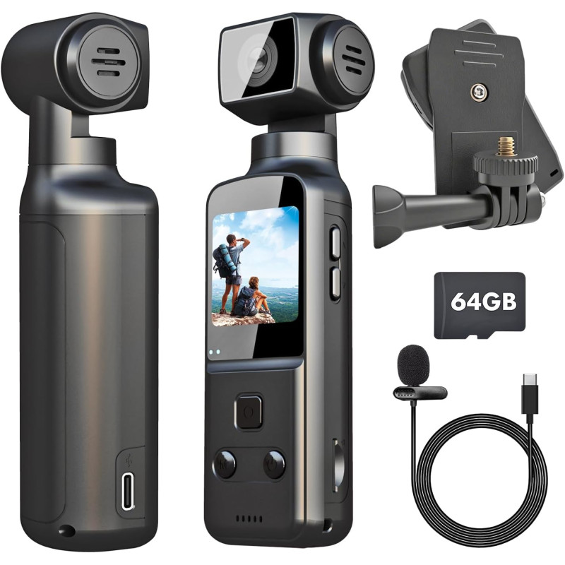 4K Camera Pieton, Caméra Portable/Vlogging/POV/Corporelle avec Objectif Rotatif 270°, Pocket Body Cam avec Microphone Externe, C