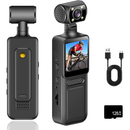 4K Camera Pieton, 128GB Caméra de Corps avec Objectif Rotatif & 180° Grand Angle, WiFi Enregistreur Vidéo Portable avec Clip Arr