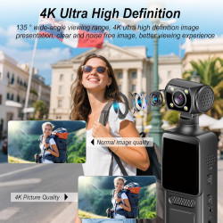 4K Camera Pieton, 128GB Caméra de Corps avec Objectif Rotatif & 180° Grand Angle, WiFi Enregistreur Vidéo Portable avec Clip Arr