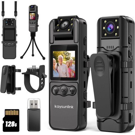 kaysunlink 4K Caméra Corporelle avec Carte 128 Go, Objectif Rotatif à 180°, Vision Nocturne, Mini Caméra Portable pour la Police