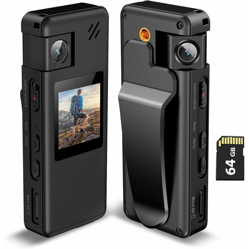 Caméra Corporelle A32 64Go, Appareil Photo Portable avec Objectif Rotatif à 180° et Détection de Mouvement, Caméscope 1080p avec