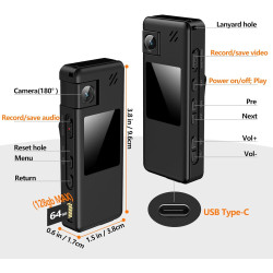 Caméra Corporelle A32 64Go, Appareil Photo Portable avec Objectif Rotatif à 180° et Détection de Mouvement, Caméscope 1080p avec