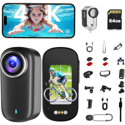 Camera Sport, 4K UHD Mini Camera Vlog WiFi avec Carte 64 Go, POV Caméra Portable étanche IP65, Action Cam – Autonomie Jusqu’à 24