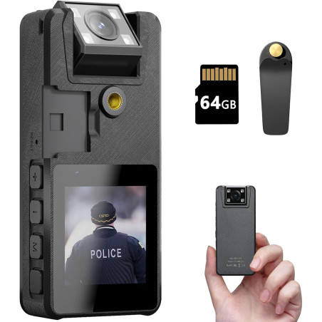Caméra de Corps, 1296P HD Caméra Corporelle (3000mAh) avec Vision Nocturne IR et Objectif Pivotant à 180°, Caméscope avec Audio 