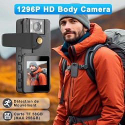 Caméra de Corps, 1296P HD Caméra Corporelle (3000mAh) avec Vision Nocturne IR et Objectif Pivotant à 180°, Caméscope avec Audio 