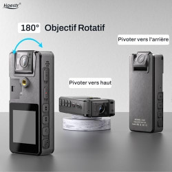 Caméra de Corps, 1296P HD Caméra Corporelle (3000mAh) avec Vision Nocturne IR et Objectif Pivotant à 180°, Caméscope avec Audio 