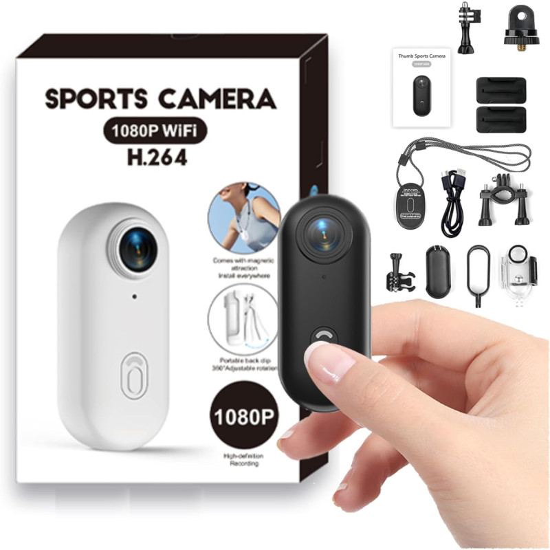Winnes Mini Camera Sport 1080P WiFi Caméra Vlog Objectif Grand Angle de 120°,Thumb Camera Action IP68 Étanche à 30M,Batterie 800