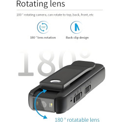 Mini caméra corporelle portable 1080P avec clip magnétique, objectif rotatif à 180° 128 Go jusqu'à 7 h d'enregistrement et lumiè